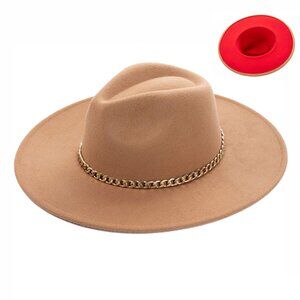 Camel Vintage Style Fedora Hat Teardrop Crown w/Gold Chain Band Red Bottom NWT